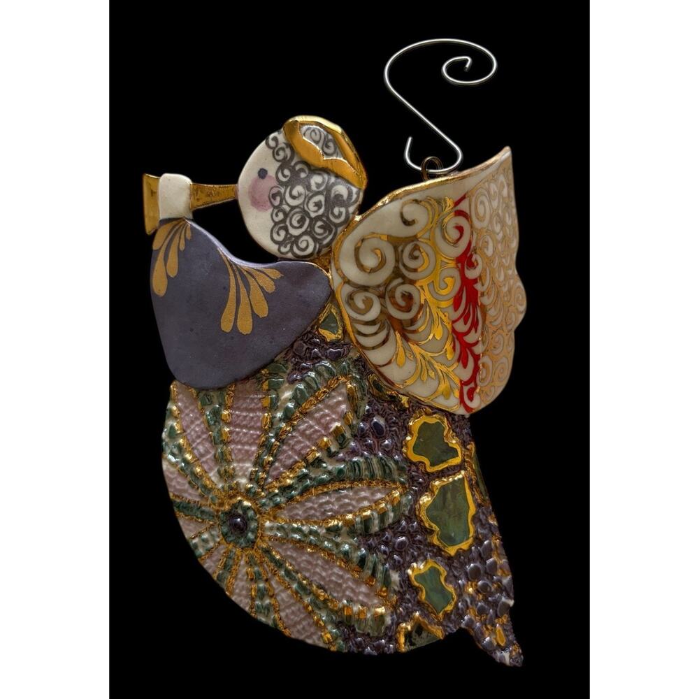 Artesian Handcrafted Clay Art Pottery Glazed Angel Ornament Hand painted 5”